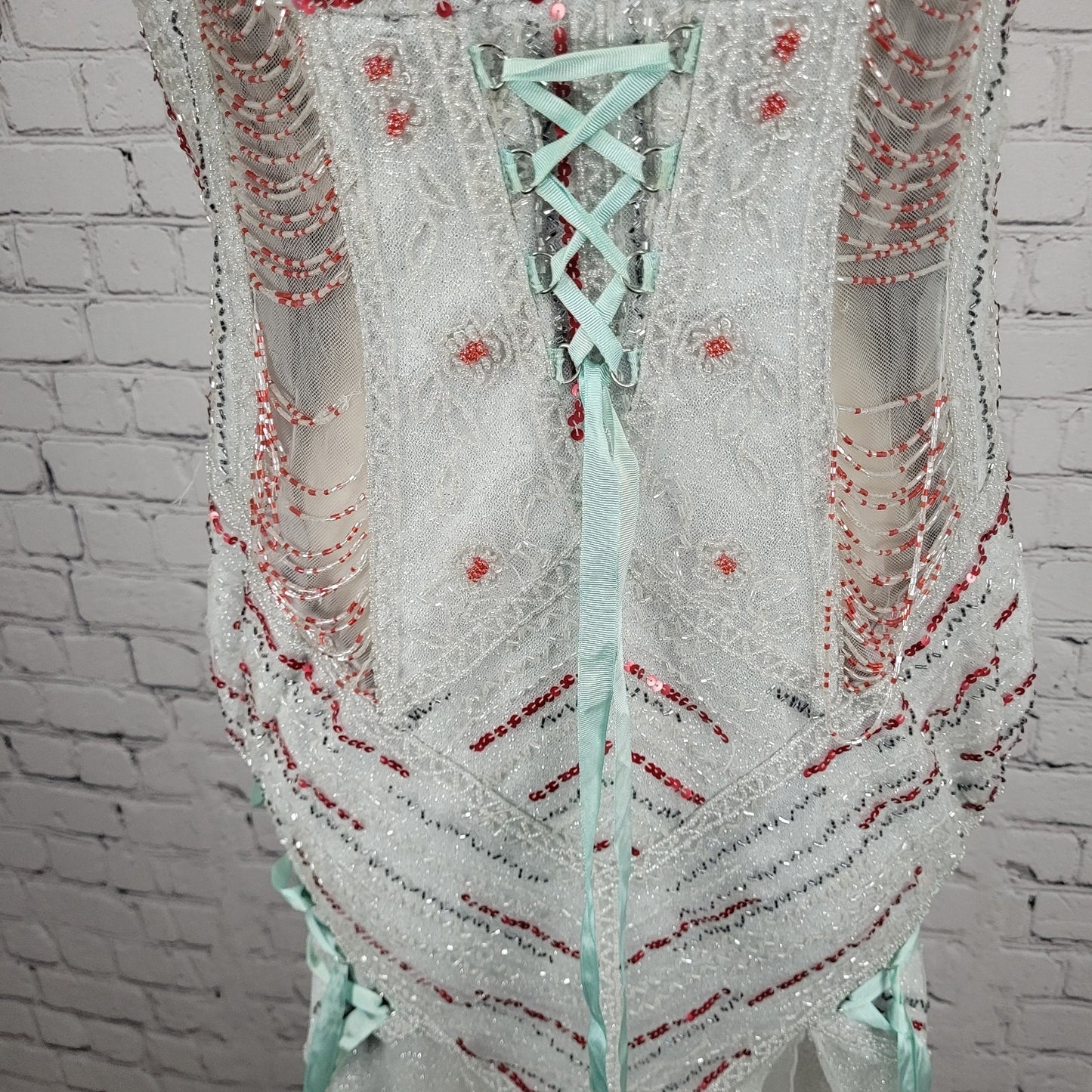 VTG Tiffany Designs Silver Beaded Sequin Strappy Lace Up Mermaid Formal Dress 8