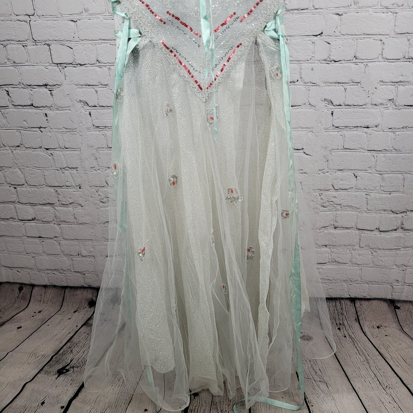 VTG Tiffany Designs Silver Beaded Sequin Strappy Lace Up Mermaid Formal Dress 8