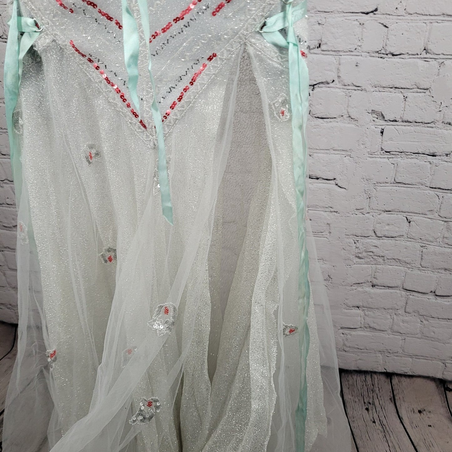 VTG Tiffany Designs Silver Beaded Sequin Strappy Lace Up Mermaid Formal Dress 8