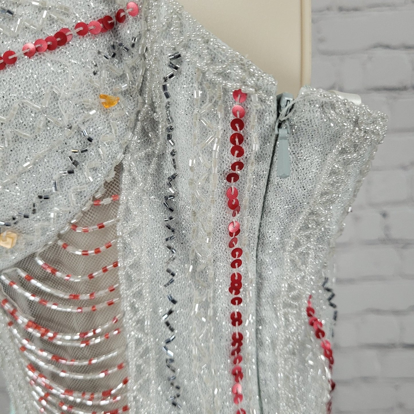 VTG Tiffany Designs Silver Beaded Sequin Strappy Lace Up Mermaid Formal Dress 8