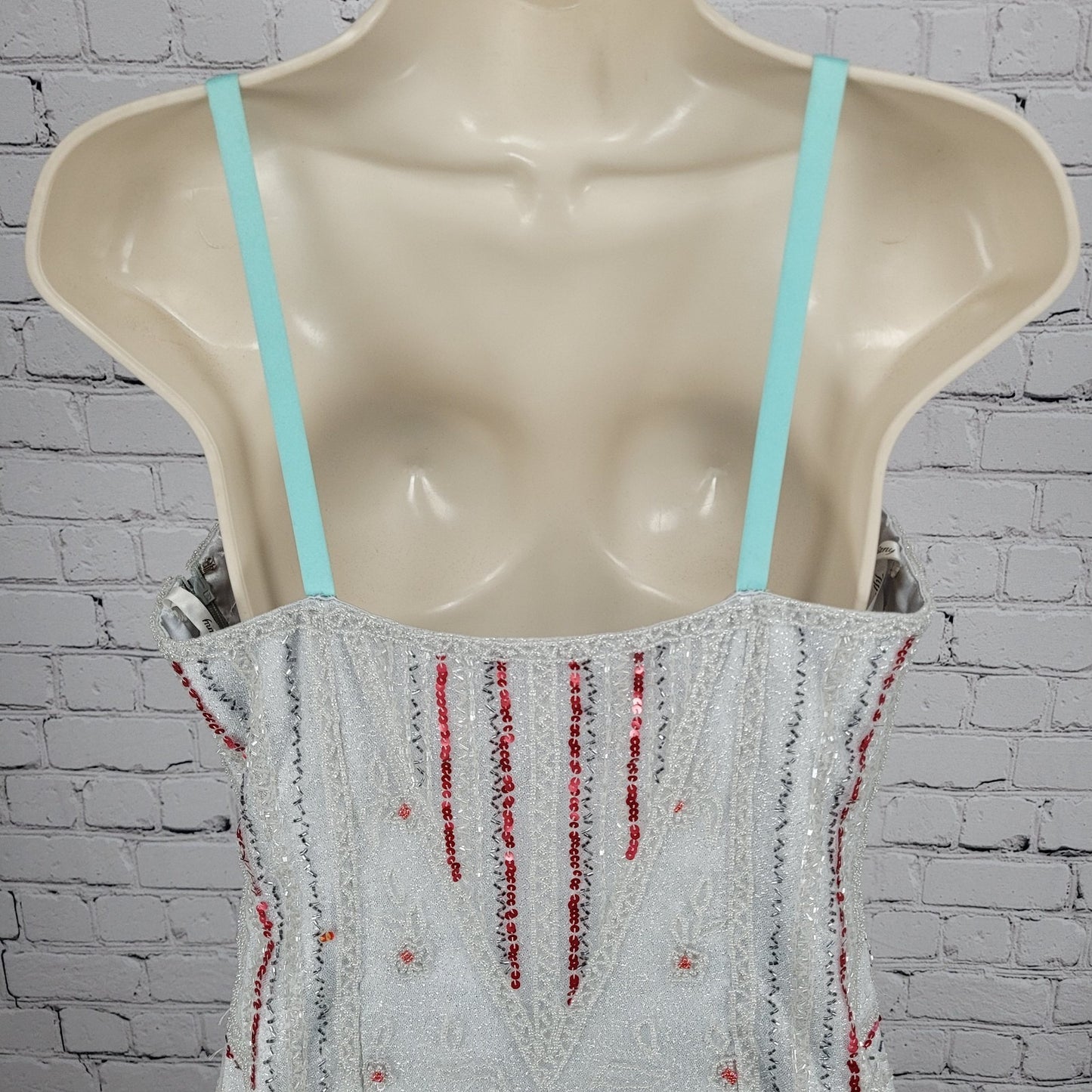 VTG Tiffany Designs Silver Beaded Sequin Strappy Lace Up Mermaid Formal Dress 8