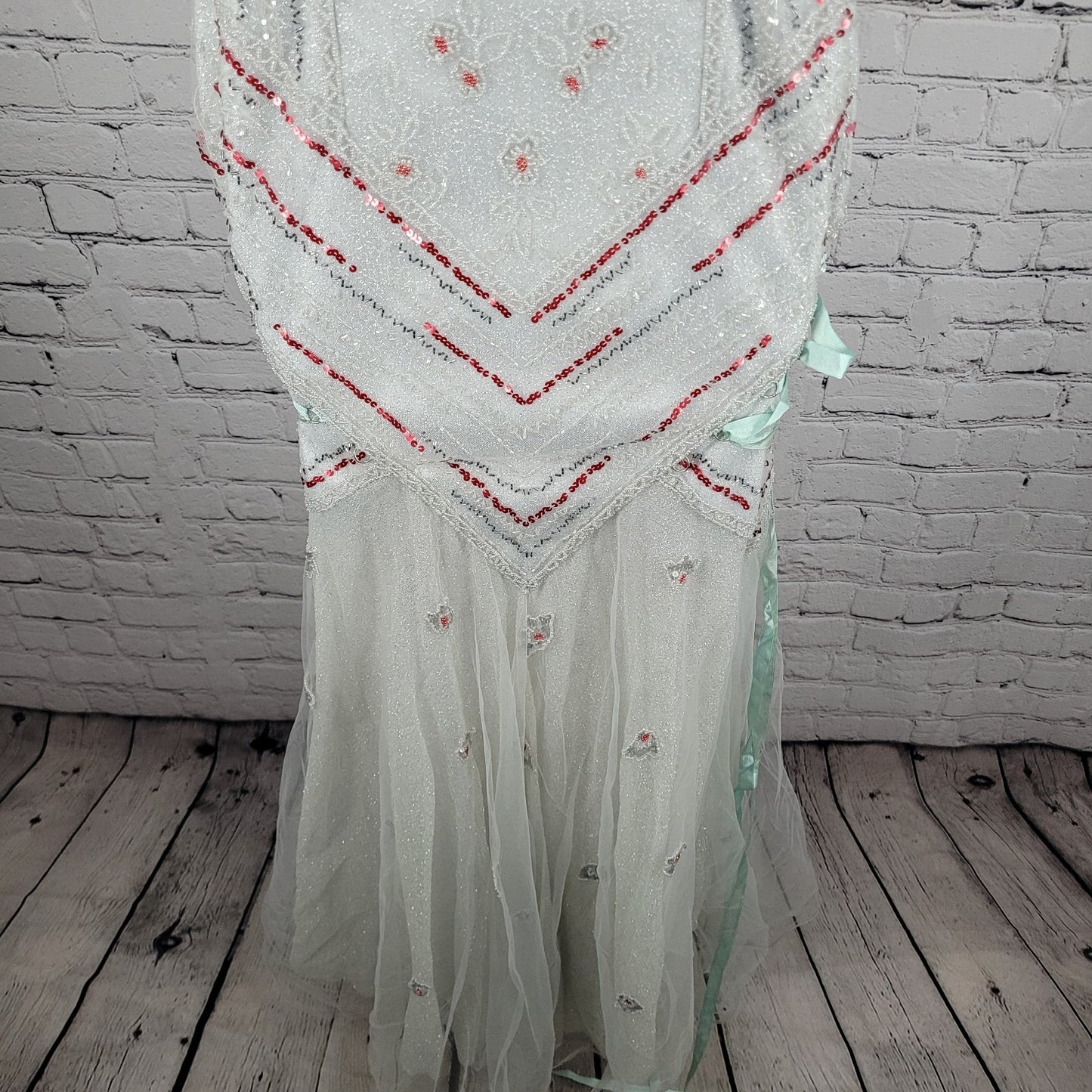 VTG Tiffany Designs Silver Beaded Sequin Strappy Lace Up Mermaid Formal Dress 8