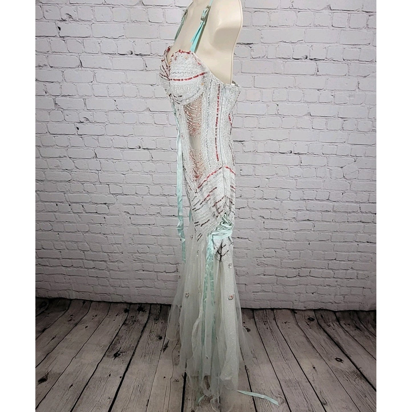 VTG Tiffany Designs Silver Beaded Sequin Strappy Lace Up Mermaid Formal Dress 8