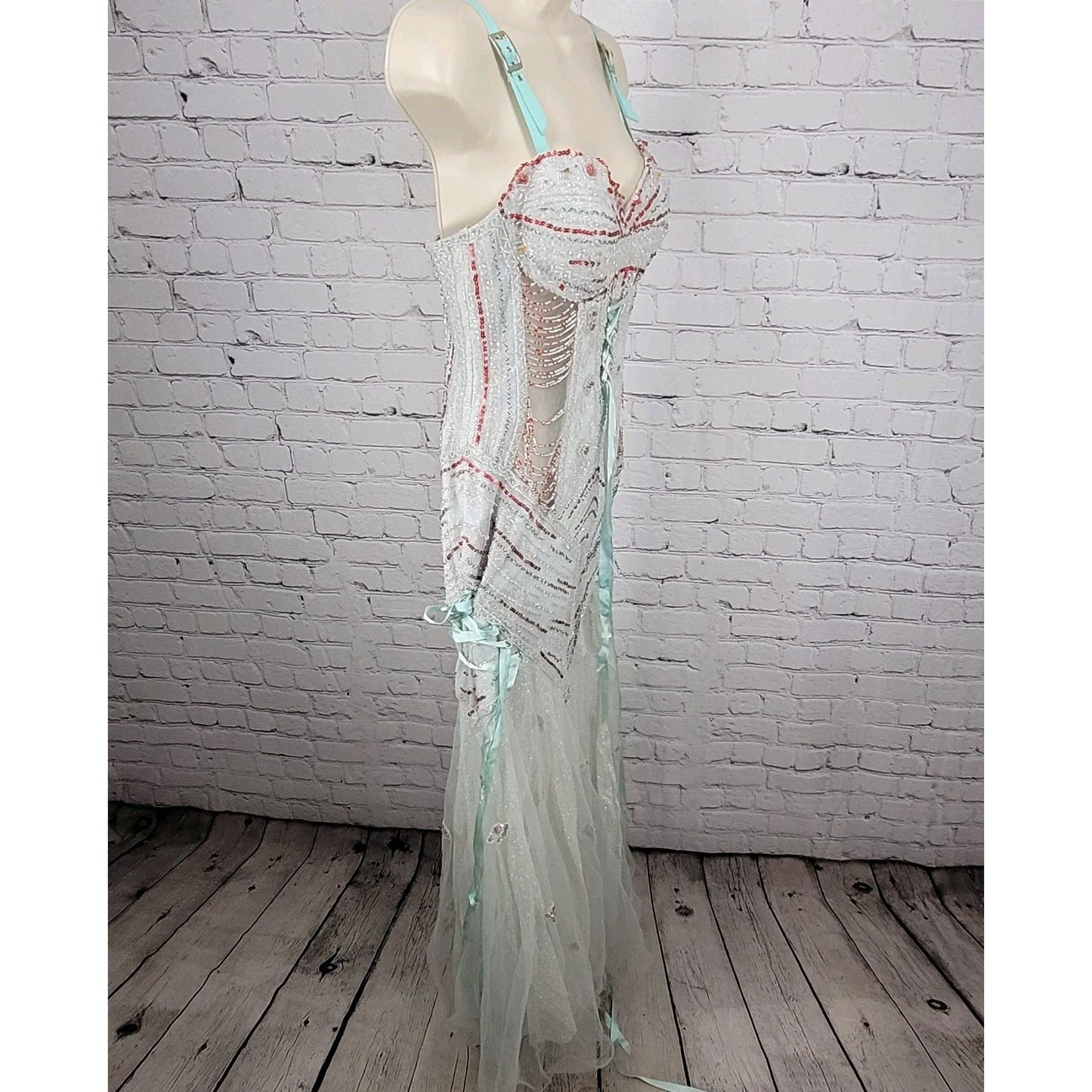 VTG Tiffany Designs Silver Beaded Sequin Strappy Lace Up Mermaid Formal Dress 8