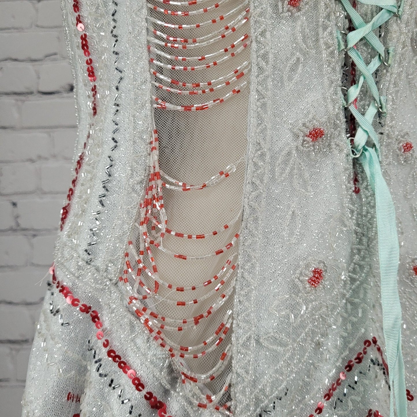 VTG Tiffany Designs Silver Beaded Sequin Strappy Lace Up Mermaid Formal Dress 8