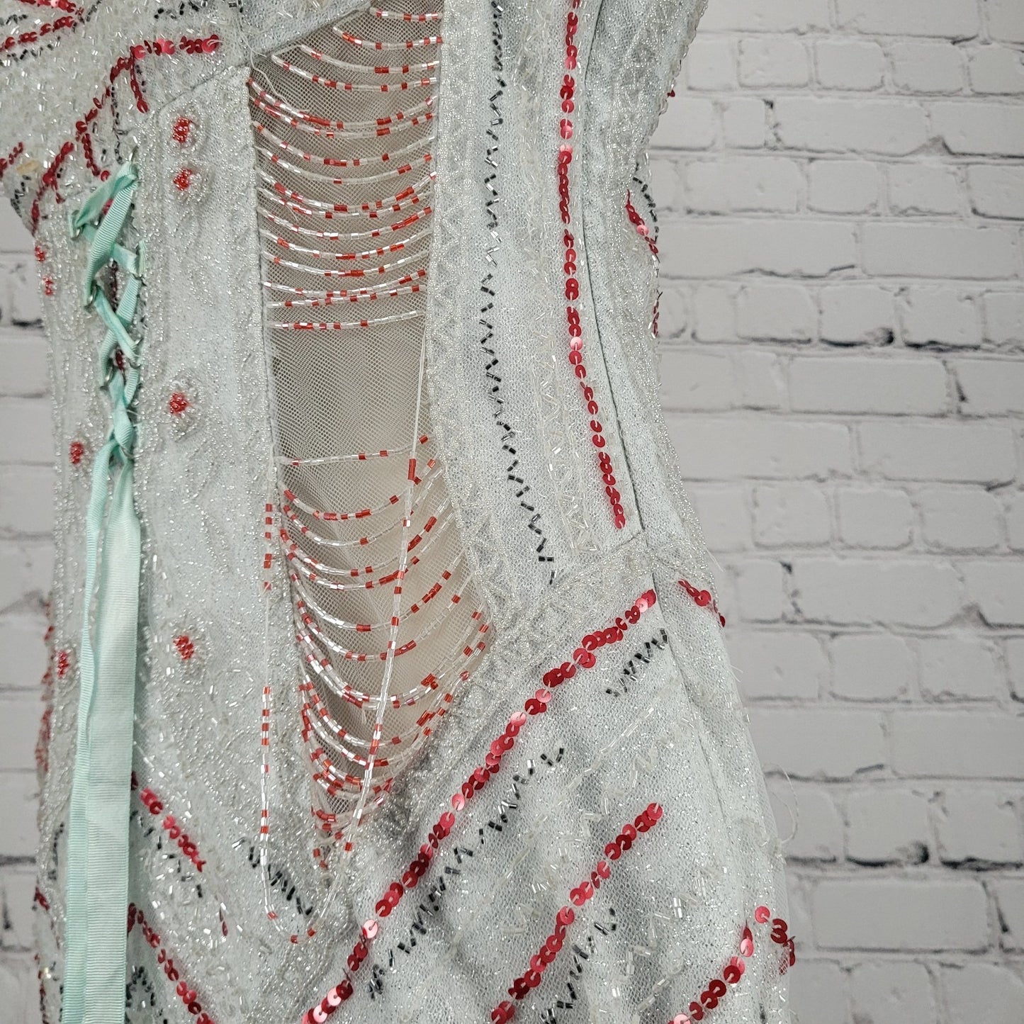 VTG Tiffany Designs Silver Beaded Sequin Strappy Lace Up Mermaid Formal Dress 8