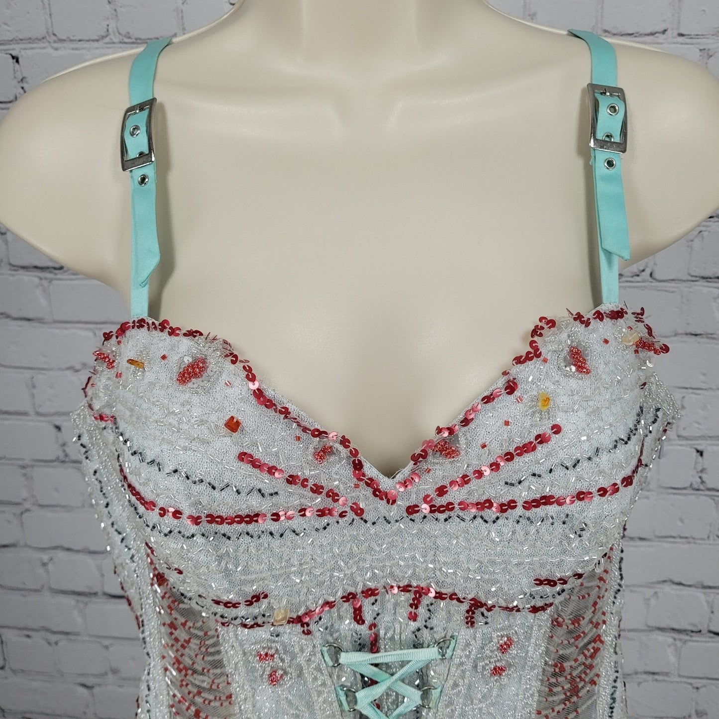 VTG Tiffany Designs Silver Beaded Sequin Strappy Lace Up Mermaid Formal Dress 8