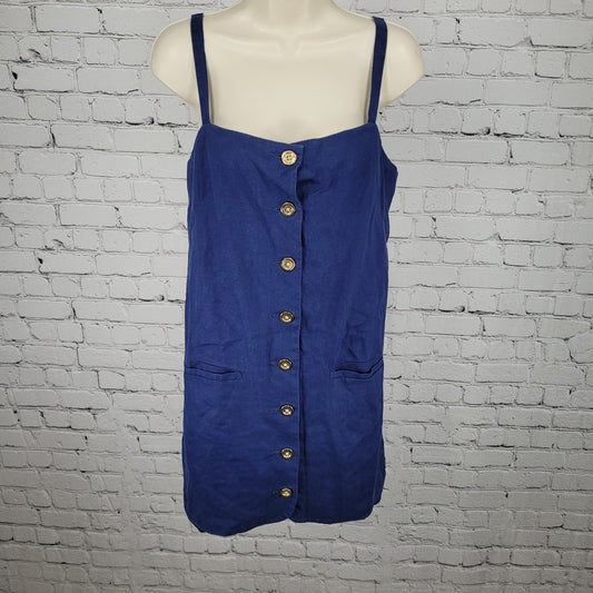 J.CREW Navy Claudia 100% Linen Gold Buttoned Pockets Lined Strappy Mini Dress XS