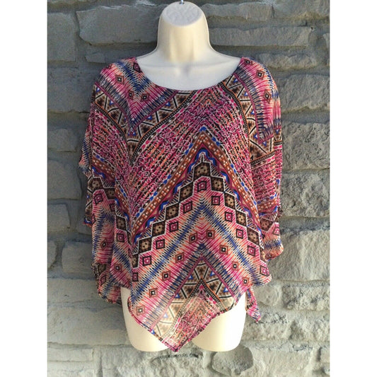 Chenault Shawl Blouse Vibrant Geometric Layered Open Back Small S