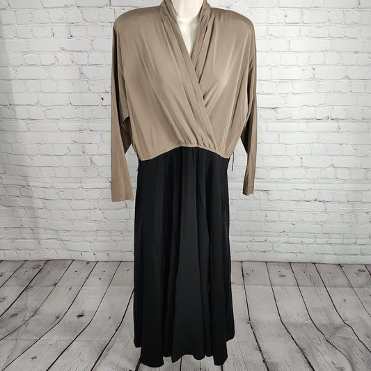 VTG Liz Roberts Black Beige Color Block Long Sleeve Polyester Maxi Dress Size 10