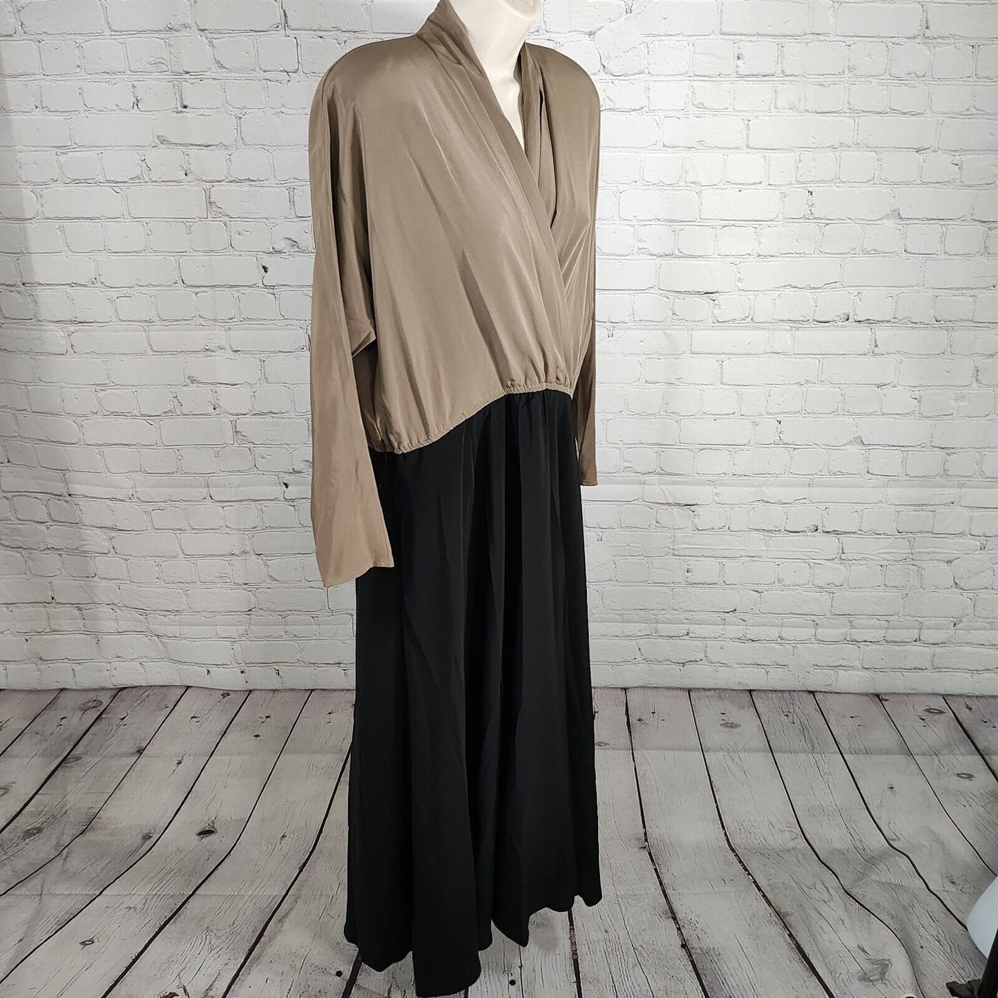VTG Liz Roberts Black Beige Color Block Long Sleeve Polyester Maxi Dress Size 10