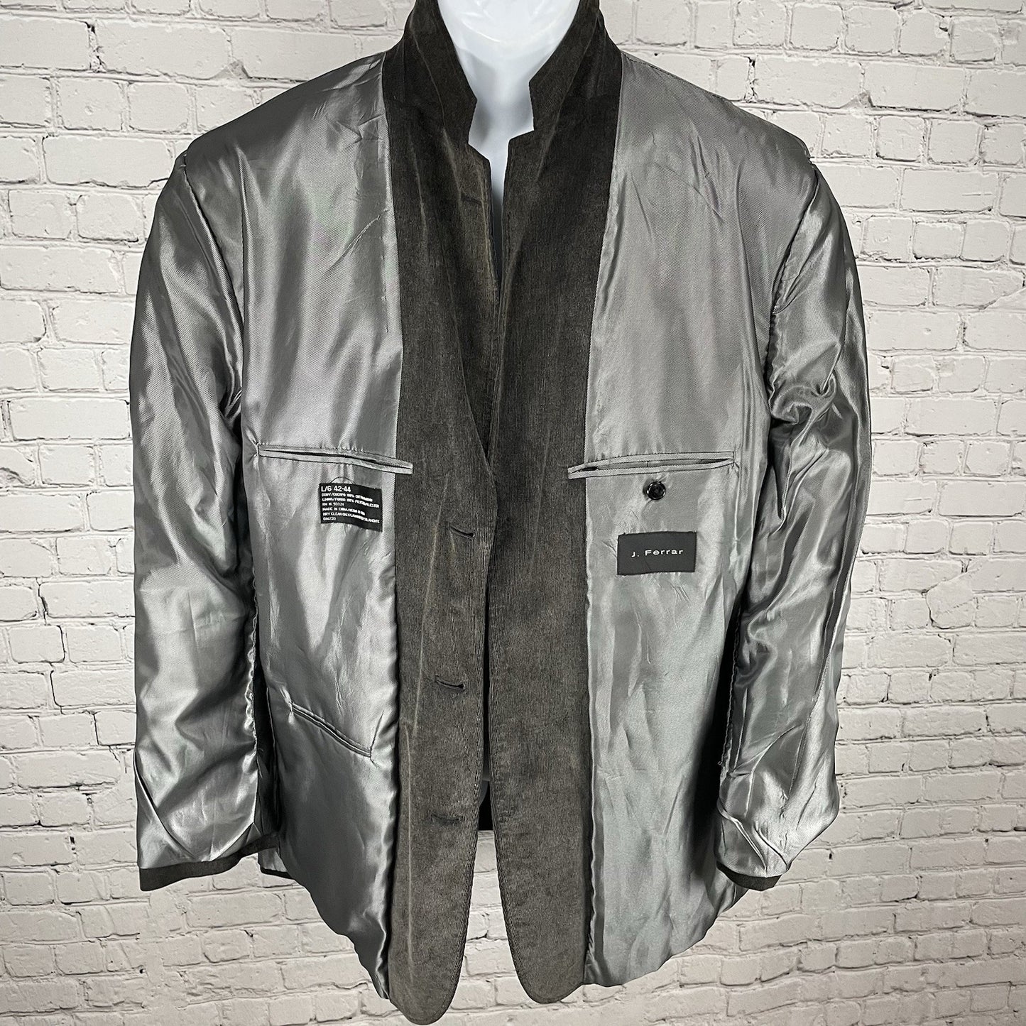 J. Ferrar Grey Cotton Corduroy 3 Button Vented Blazer Sport Coat Size L 42-44