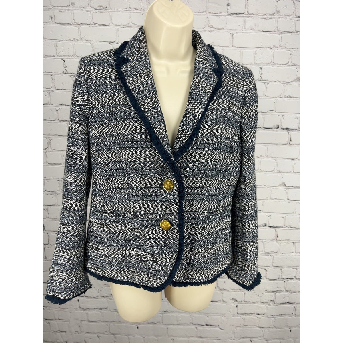 J.Crew Navy White Tweed Fringe Trim Schoolboy Blazer Gold Buttons Women's 6