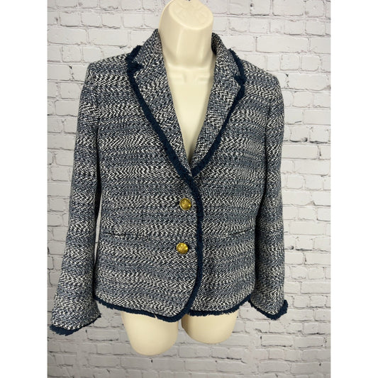 J.Crew Navy White Tweed Fringe Trim Schoolboy Blazer Gold Buttons Women's 6