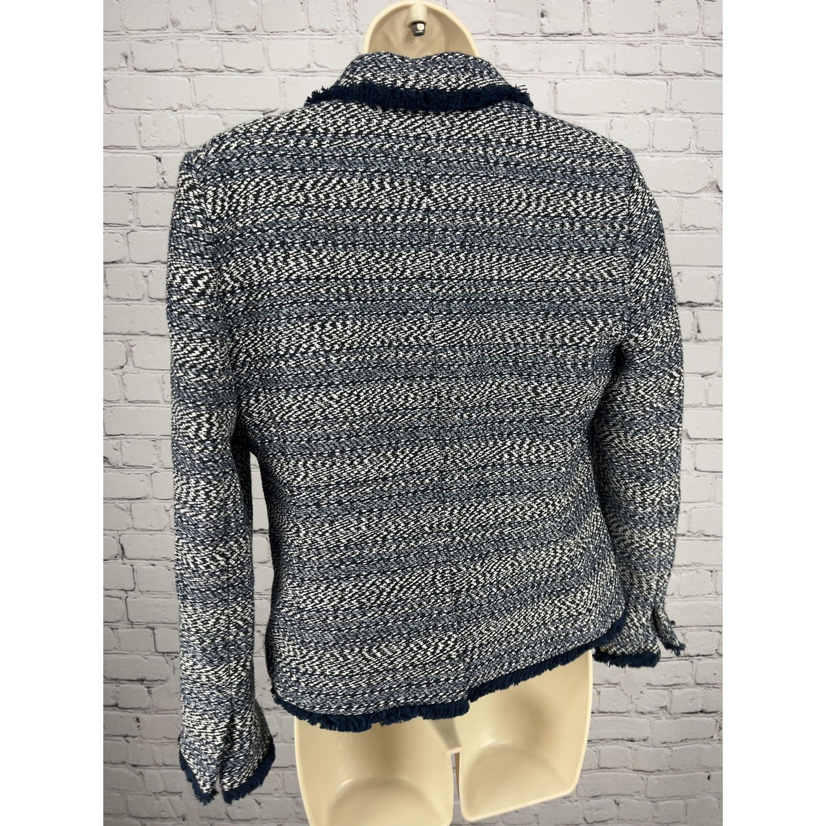 J.Crew Navy White Tweed Fringe Trim Schoolboy Blazer Gold Buttons Women's 6