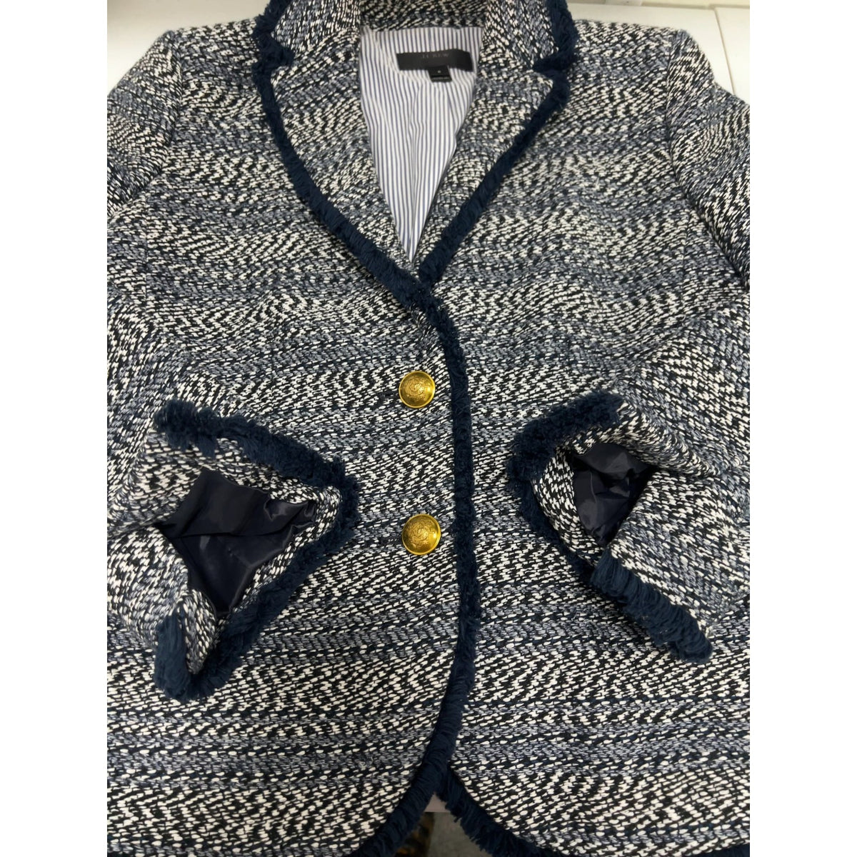 J.Crew Navy White Tweed Fringe Trim Schoolboy Blazer Gold Buttons Women's 6