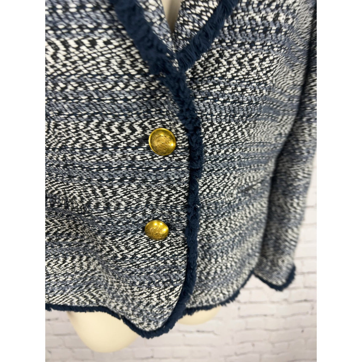 J.Crew Navy White Tweed Fringe Trim Schoolboy Blazer Gold Buttons Women's 6