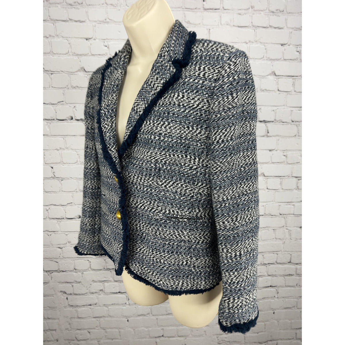 J.Crew Navy White Tweed Fringe Trim Schoolboy Blazer Gold Buttons Women's 6