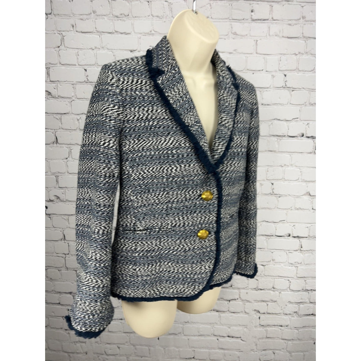 J.Crew Navy White Tweed Fringe Trim Schoolboy Blazer Gold Buttons Women's 6