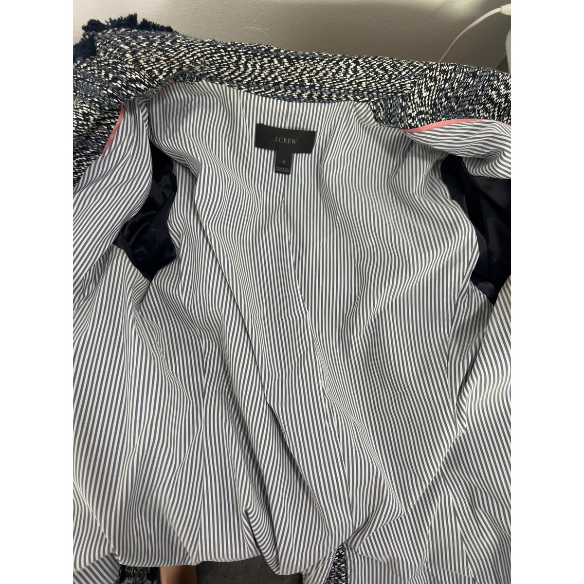 J.Crew Navy White Tweed Fringe Trim Schoolboy Blazer Gold Buttons Women's 6