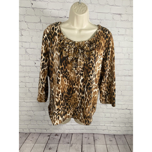Ruby Rd Multicolored Cheetah Print 3/4 Sleeve Ruffles Sequins Pullover Blouse XL
