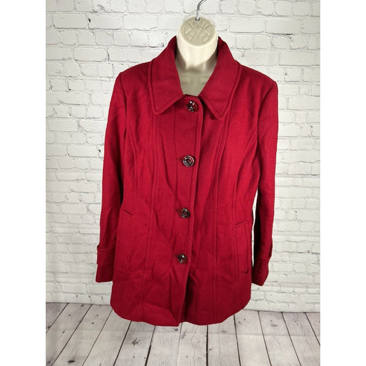 London Fog Wool Blend Red Single Breasted Button Up Collared Overcoat Jacket M