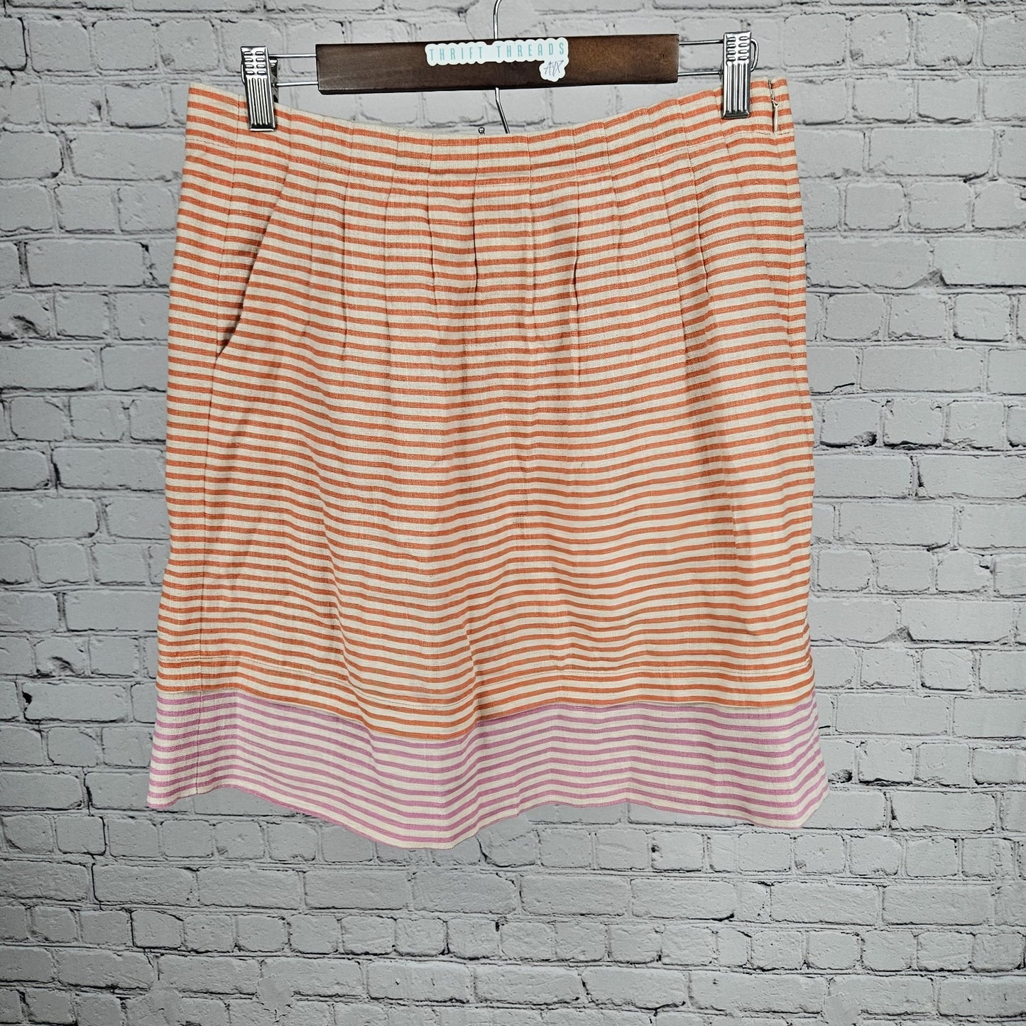 Loft Ann Taylor Orange Pink 100% Linen Striped Pleated Pockets Short Skirt 4