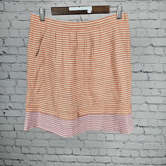 Loft Ann Taylor Orange Pink 100% Linen Striped Pleated Pockets Short Skirt 4