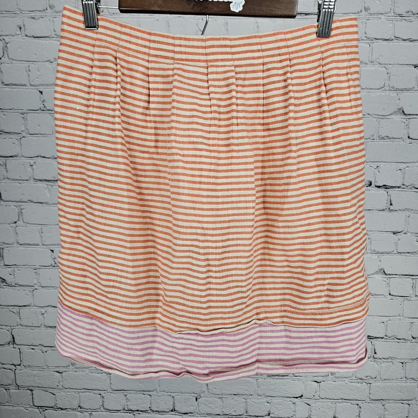 Loft Ann Taylor Orange Pink 100% Linen Striped Pleated Pockets Short Skirt 4