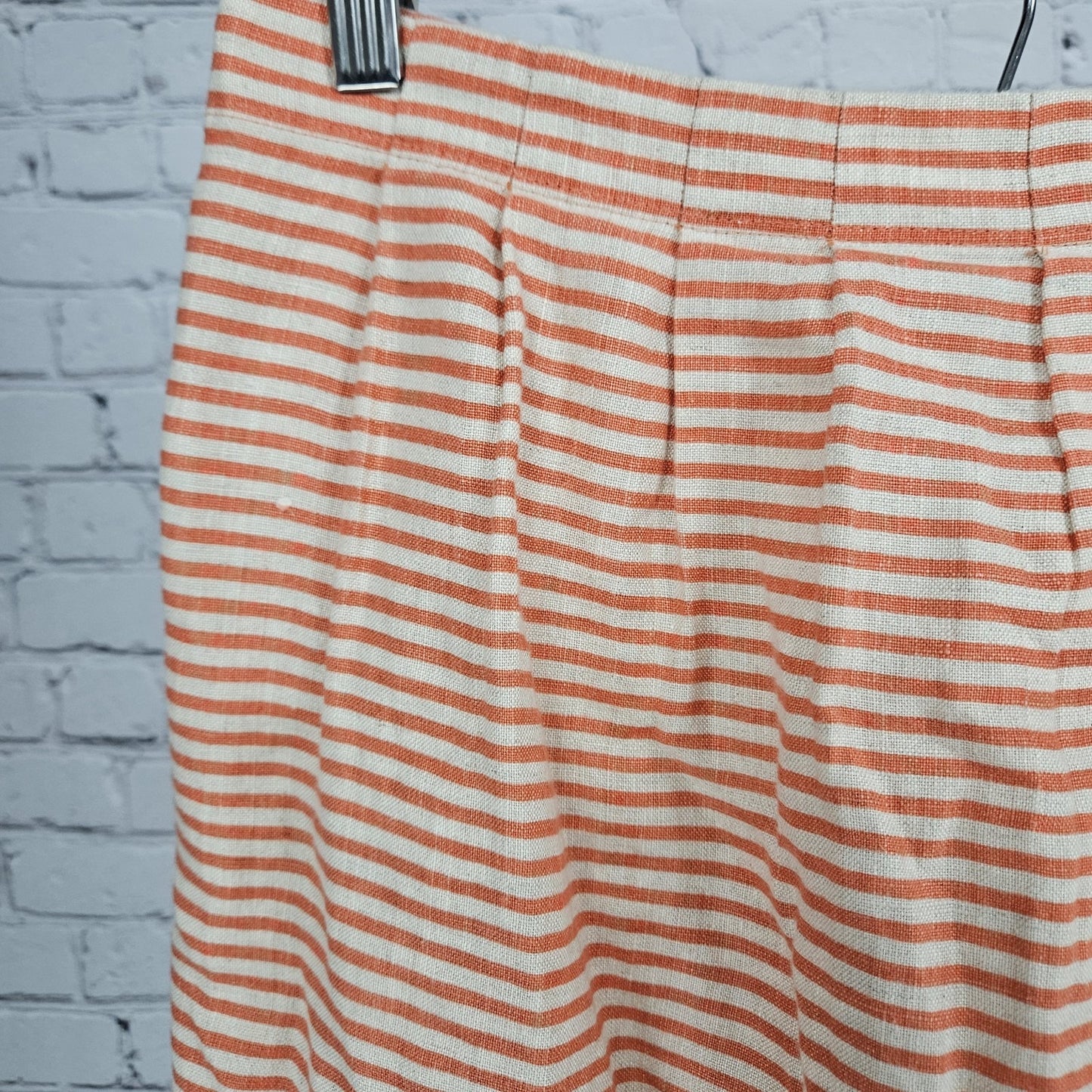Loft Ann Taylor Orange Pink 100% Linen Striped Pleated Pockets Short Skirt 4