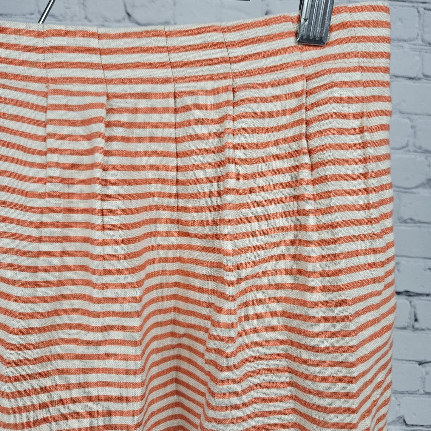 Loft Ann Taylor Orange Pink 100% Linen Striped Pleated Pockets Short Skirt 4