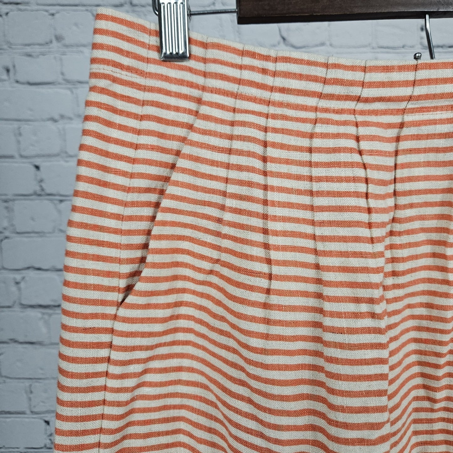 Loft Ann Taylor Orange Pink 100% Linen Striped Pleated Pockets Short Skirt 4