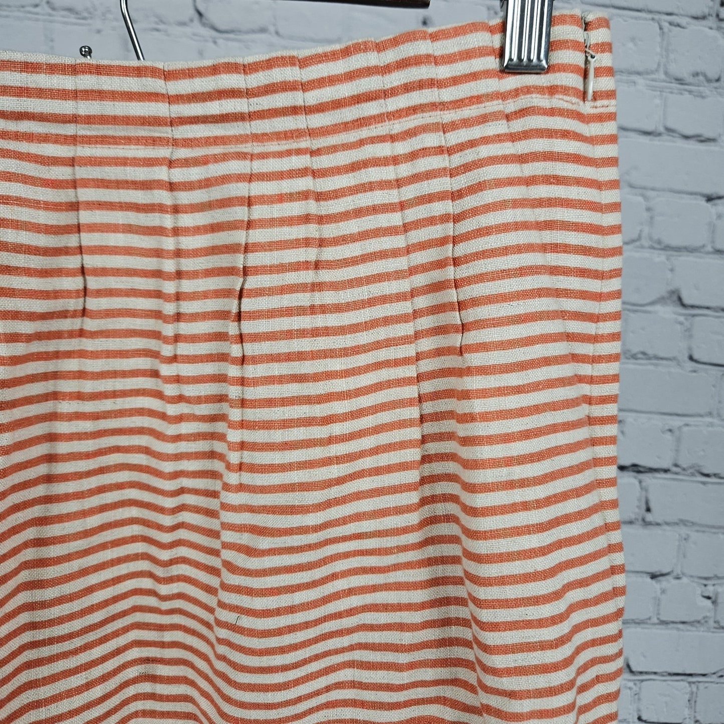 Loft Ann Taylor Orange Pink 100% Linen Striped Pleated Pockets Short Skirt 4