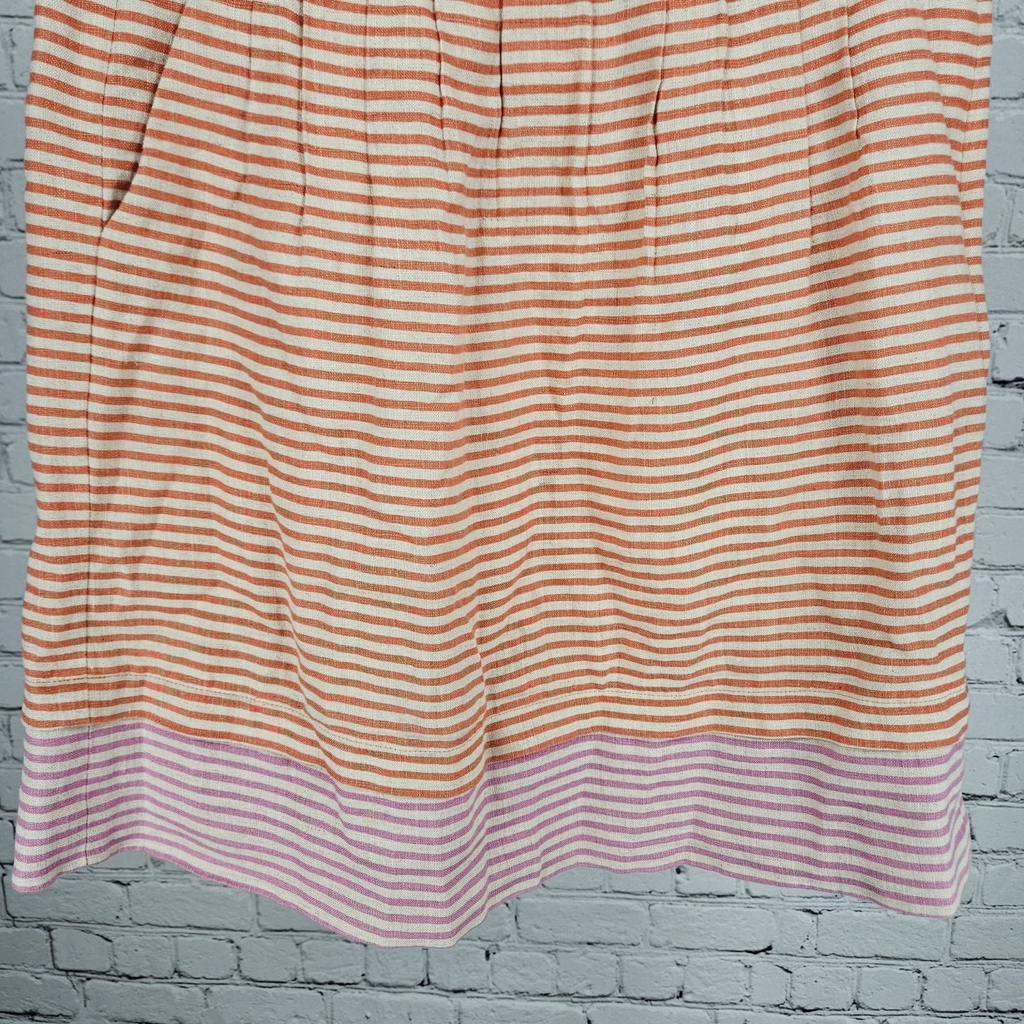 Loft Ann Taylor Orange Pink 100% Linen Striped Pleated Pockets Short Skirt 4