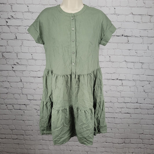 Caslon Green Linen Blend Lightweight Buttoned Short Sleeve Pockets Mini Dress XS