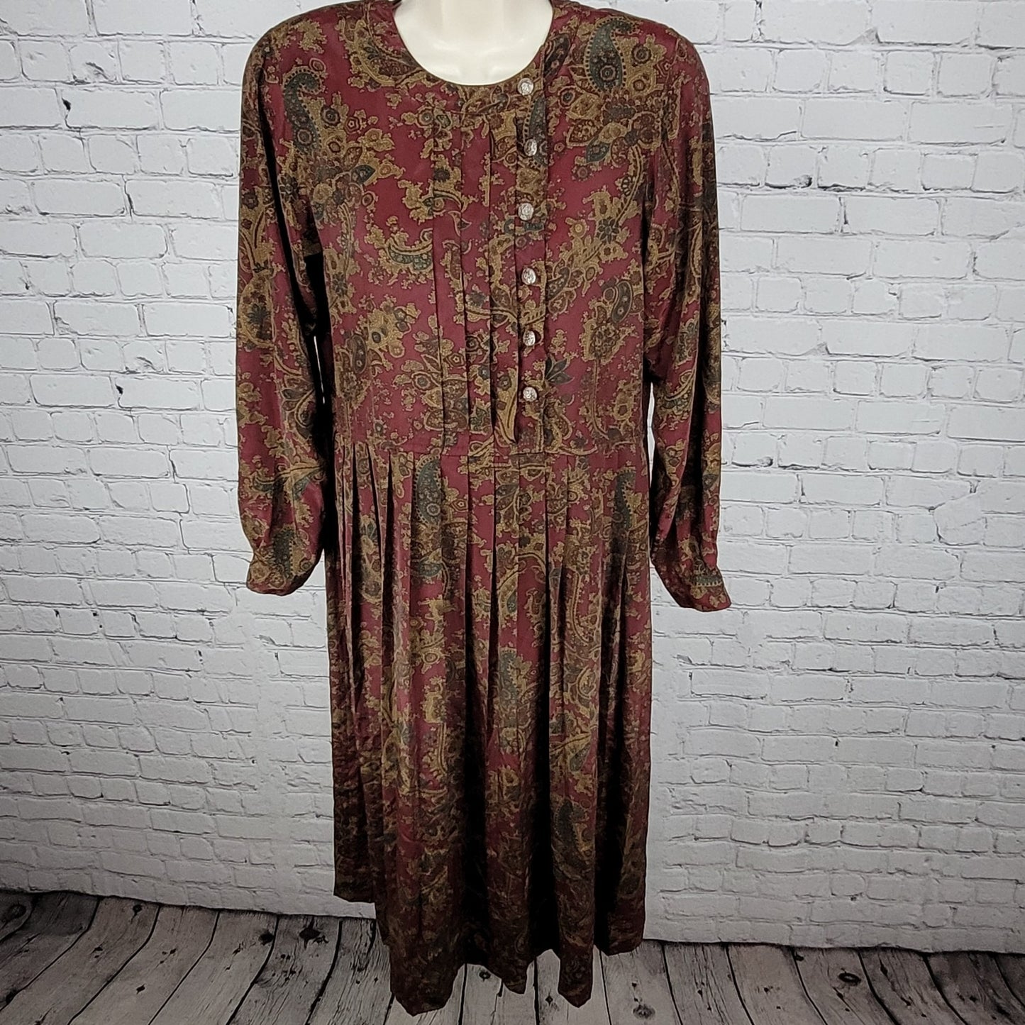 VTG Talbots Multicolor Paisley Pleated Buttoned Long Sleeve Midi Dress Petite 4P