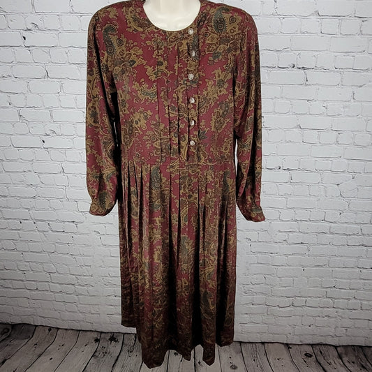VTG Talbots Multicolor Paisley Pleated Buttoned Long Sleeve Midi Dress Petite 4P