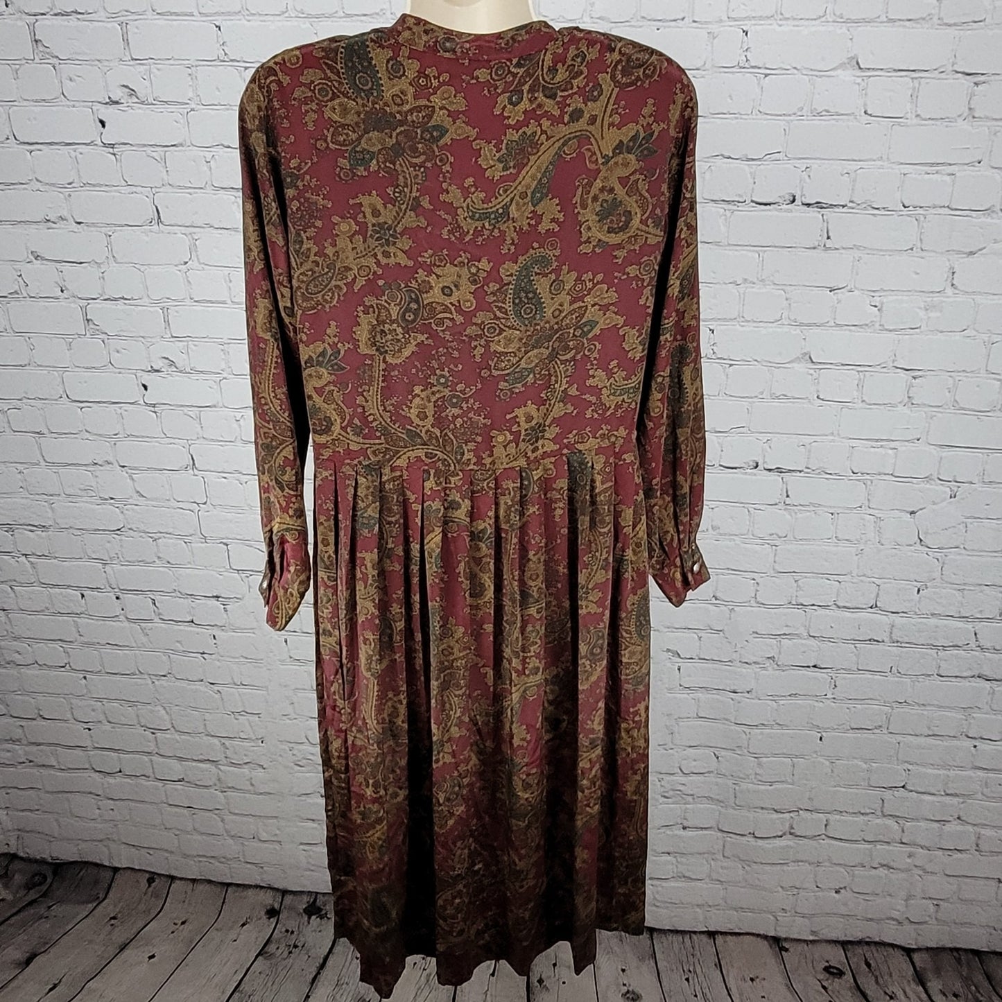 VTG Talbots Multicolor Paisley Pleated Buttoned Long Sleeve Midi Dress Petite 4P
