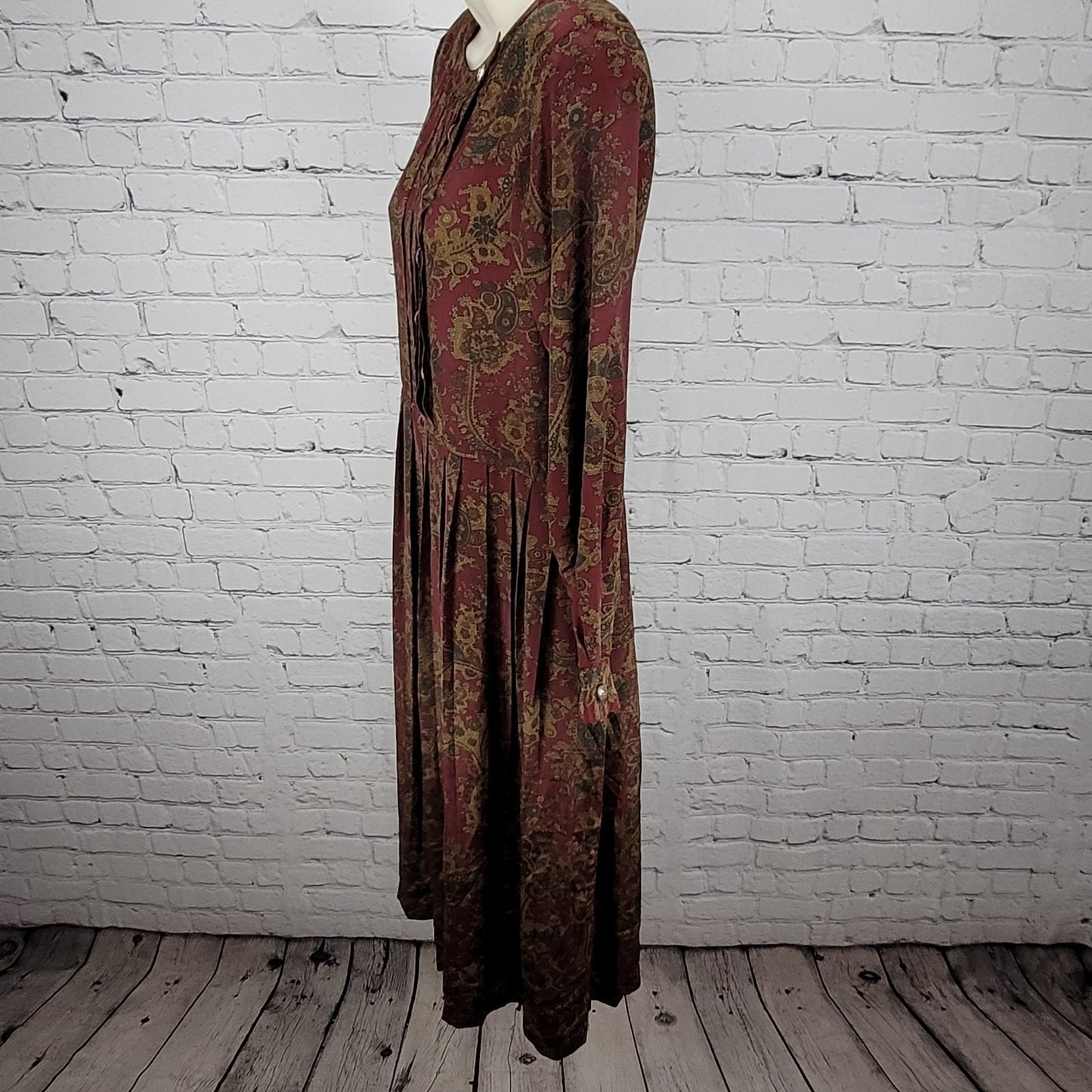 VTG Talbots Multicolor Paisley Pleated Buttoned Long Sleeve Midi Dress Petite 4P