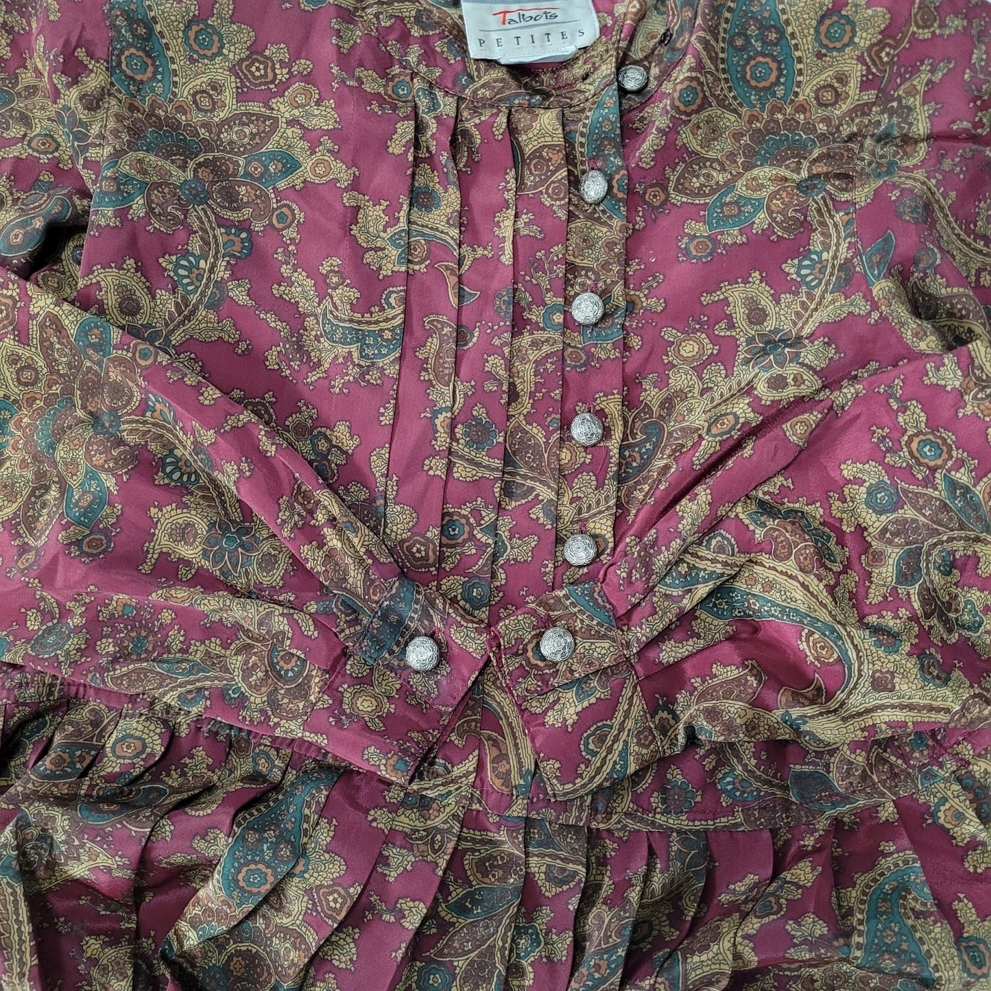 VTG Talbots Multicolor Paisley Pleated Buttoned Long Sleeve Midi Dress Petite 4P