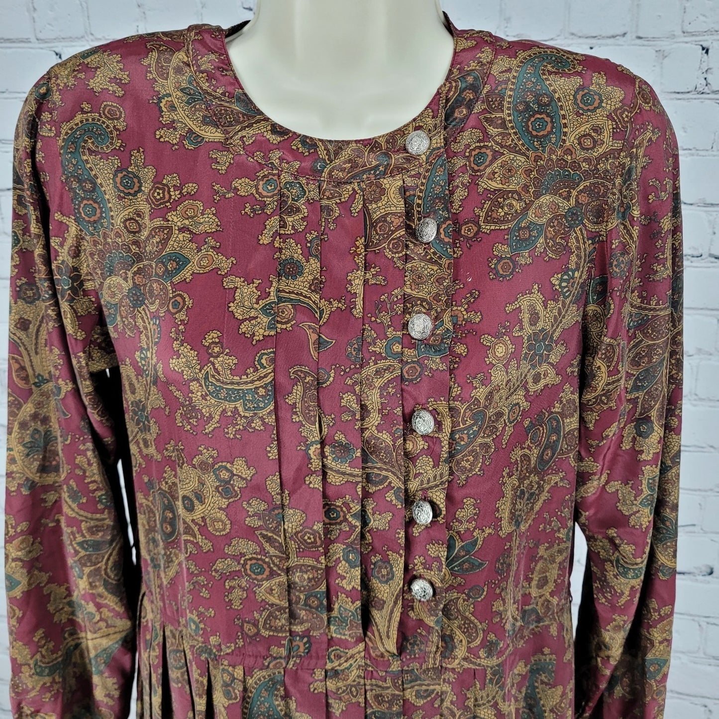 VTG Talbots Multicolor Paisley Pleated Buttoned Long Sleeve Midi Dress Petite 4P