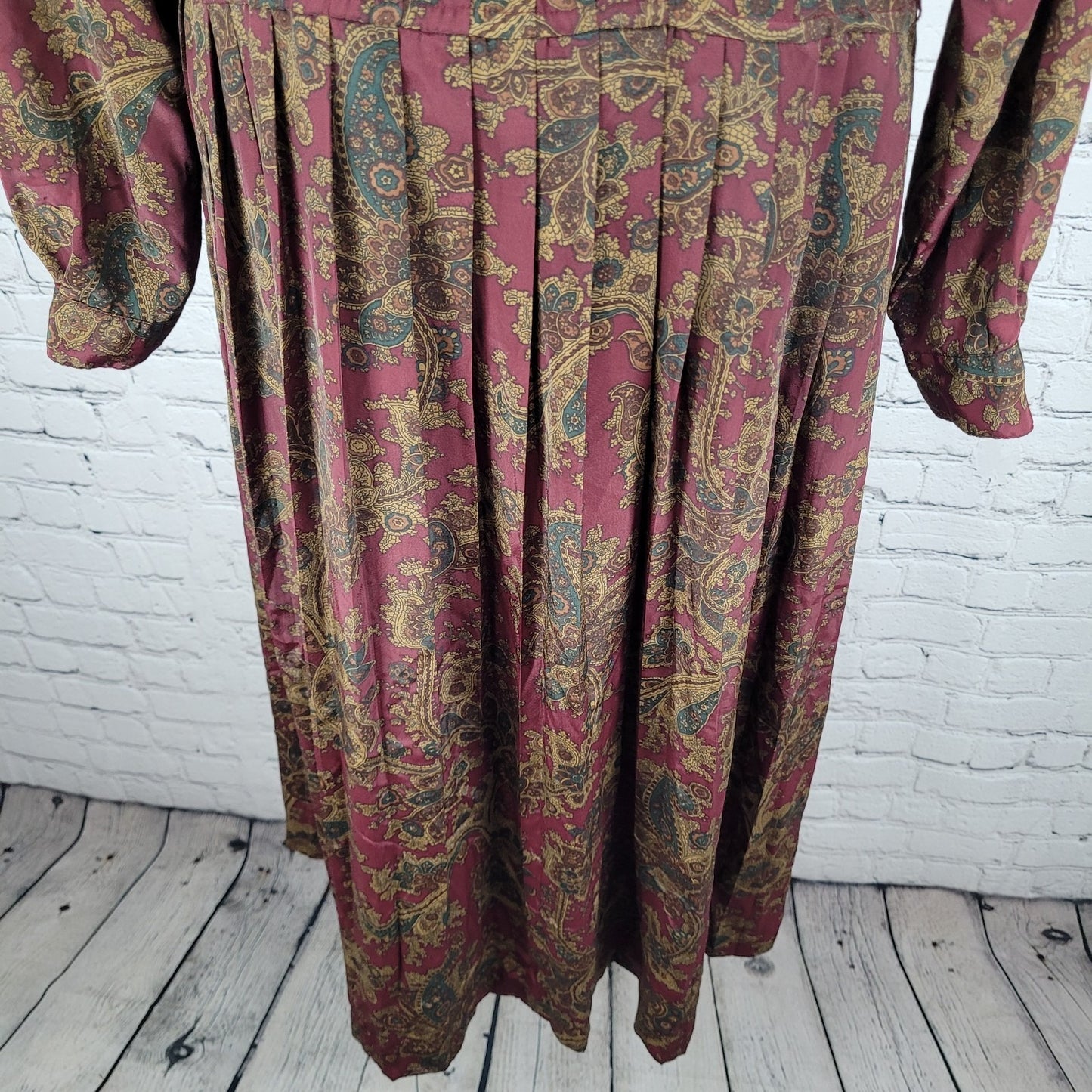 VTG Talbots Multicolor Paisley Pleated Buttoned Long Sleeve Midi Dress Petite 4P