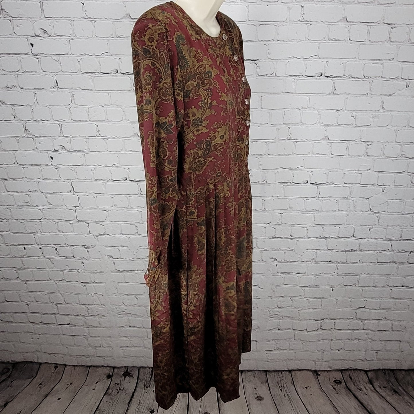 VTG Talbots Multicolor Paisley Pleated Buttoned Long Sleeve Midi Dress Petite 4P