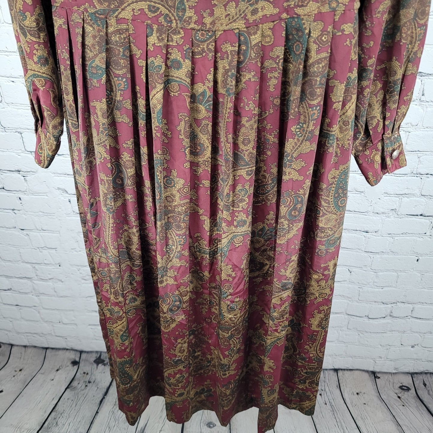 VTG Talbots Multicolor Paisley Pleated Buttoned Long Sleeve Midi Dress Petite 4P