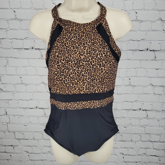 Tribal Sport Brown Leopard Padded Full Coverage One Piece Swimsuit Size Large L