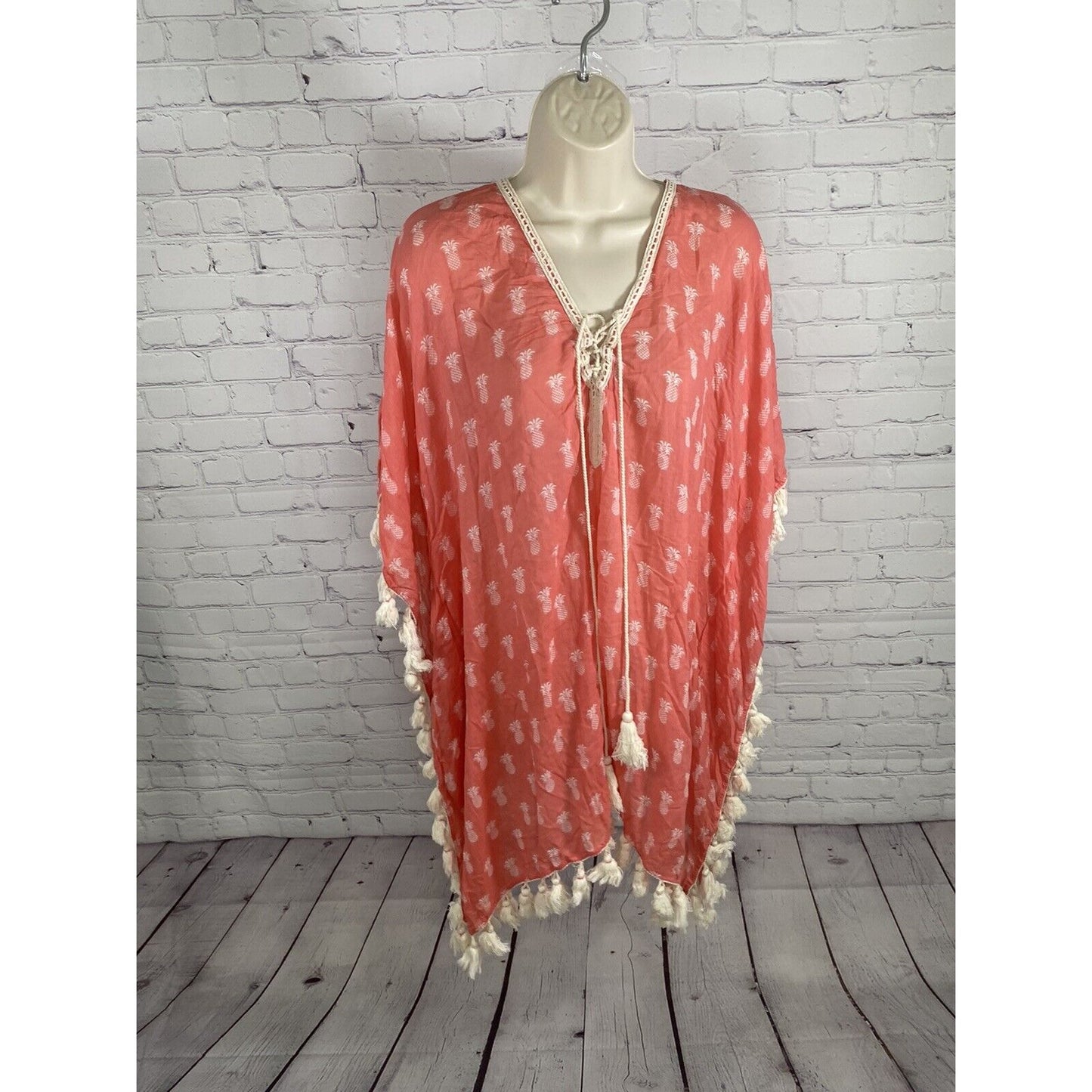 Anthropologie Z&L Pink Pineapple Lightweight Tassled Kaftan Style Tunic S