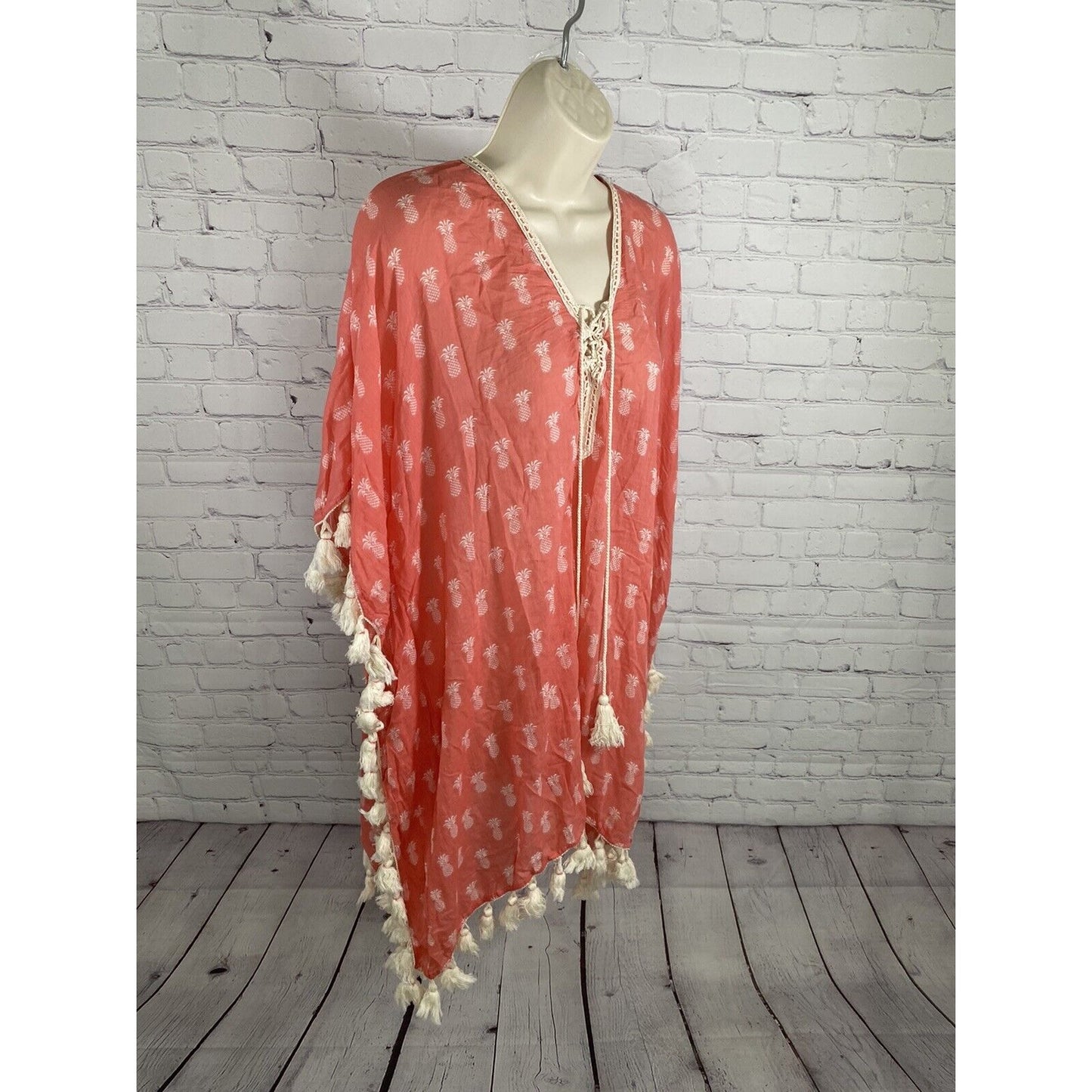 Anthropologie Z&L Pink Pineapple Lightweight Tassled Kaftan Style Tunic S