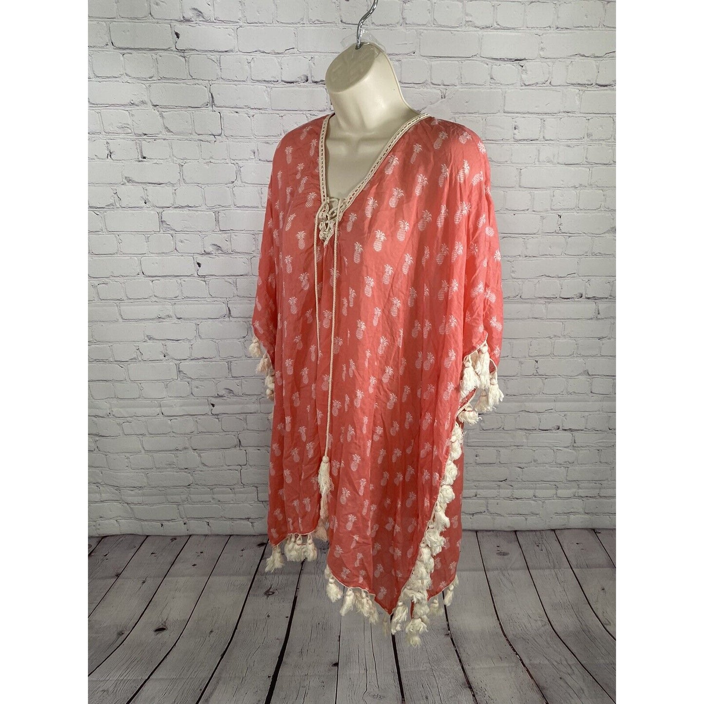 Anthropologie Z&L Pink Pineapple Lightweight Tassled Kaftan Style Tunic S