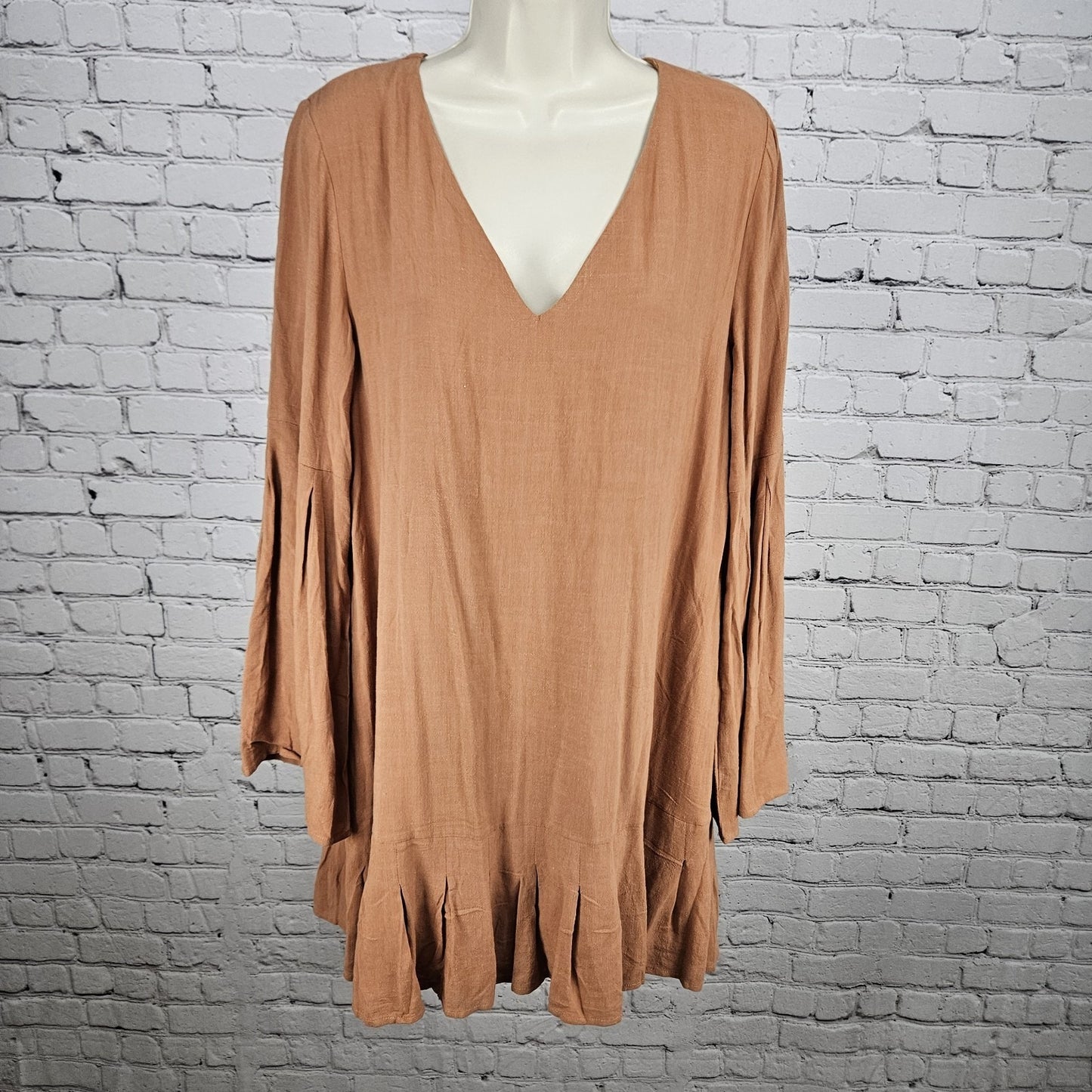 NWT Loveriche Camel Orange Linen Blend Long Bell Sleeves Lined Short Dress Large