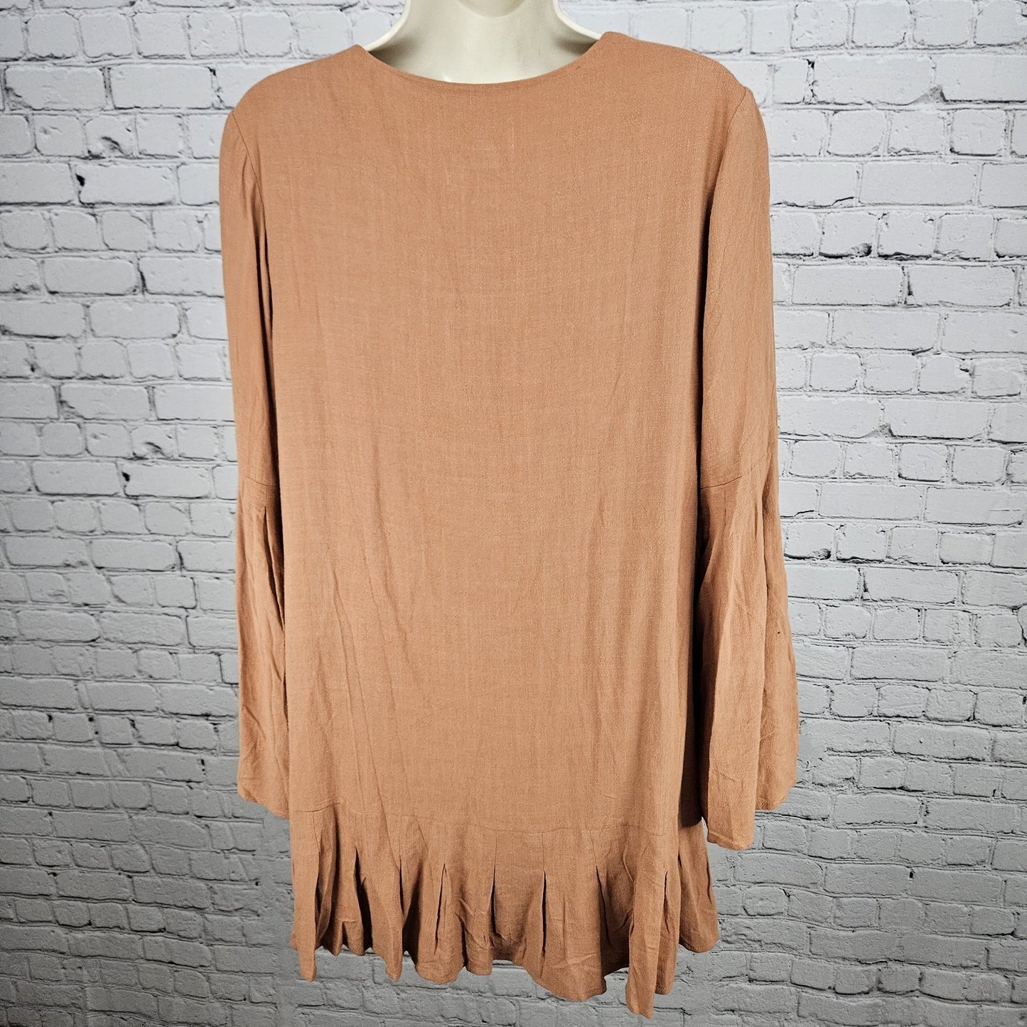 NWT Loveriche Camel Orange Linen Blend Long Bell Sleeves Lined Short Dress Large
